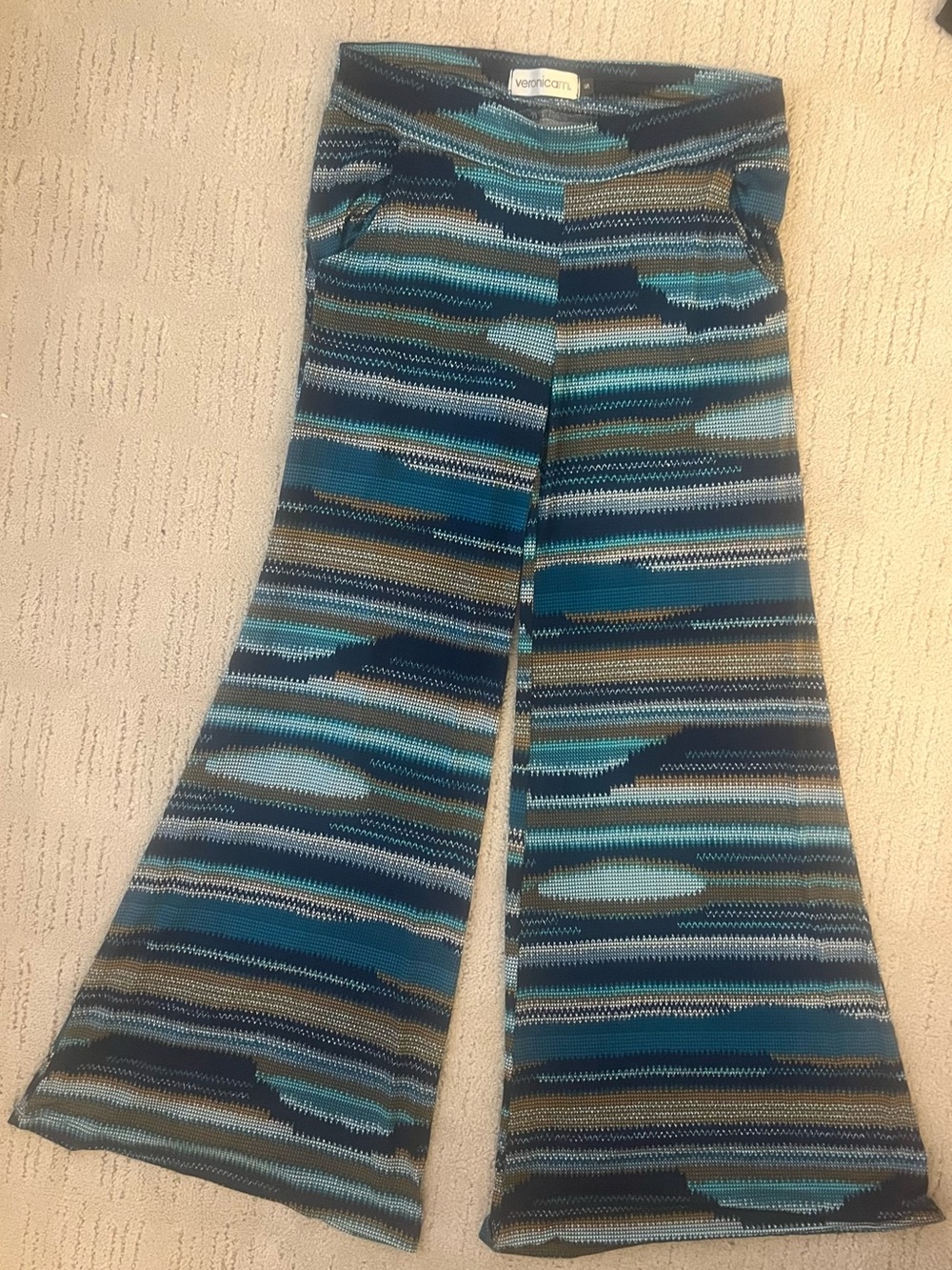 Veronica M Retro Teal Chevron Knit Print Wide Leg Palazzo Pants with Pockets